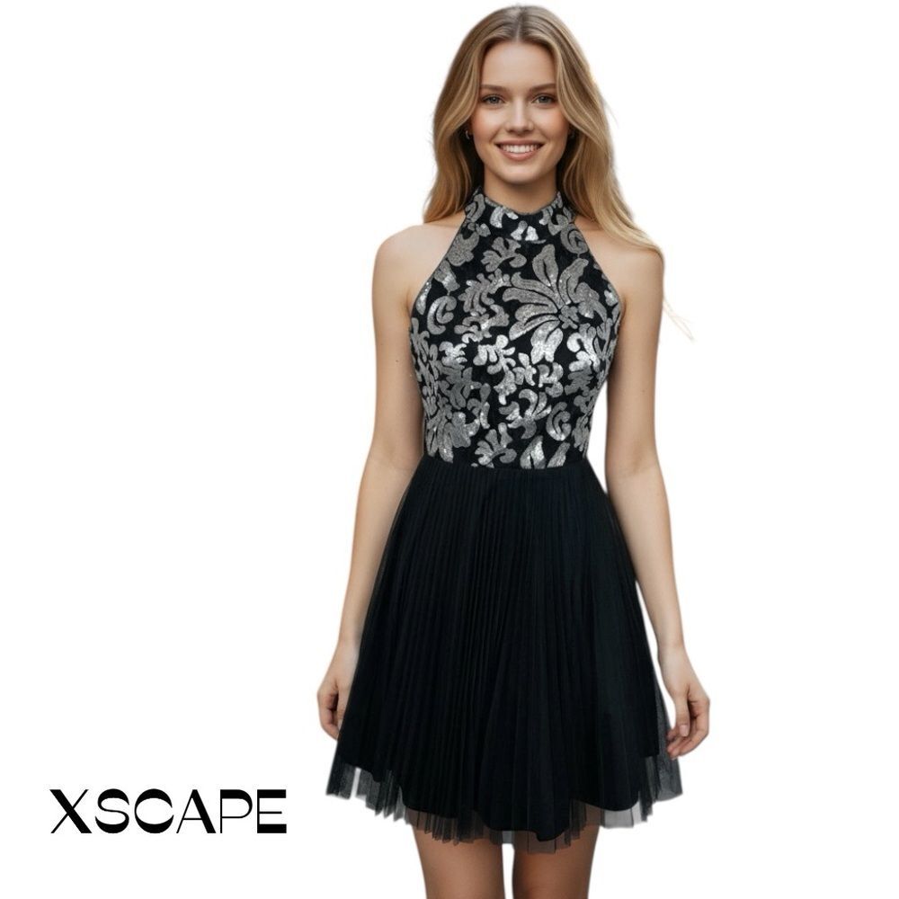 Xscape Black W Metallic Silver Sequins Pleated Dress NWOT Size 2 Party Dance